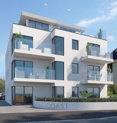 Recently constructed luxury apartments in Southbourne, Bournemouth, including a duplex penthouse, with large windows overlooking the sea-front.